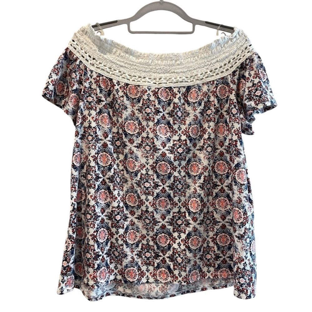 New Directions Abstract Pattern Off Shoulder Blouse Tshirt Blue Red Size XL - Picture 5 of 7